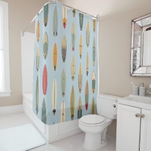 Surf Life - Retro Coastal Blue Surfboard Print Shower Curtain