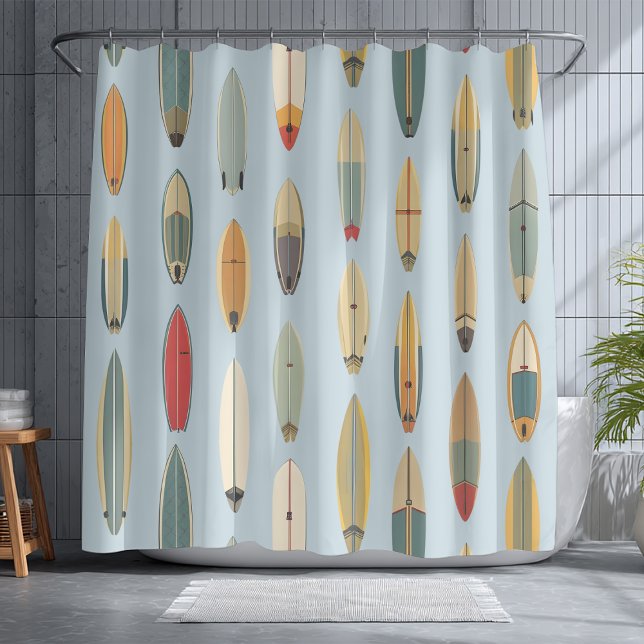 Surf Life | Retro Coastal Blue Surfboard Print Shower Curtain (Creator Uploaded)