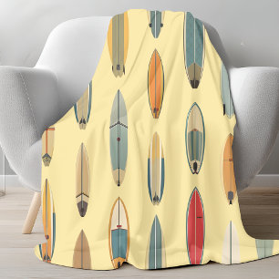 Surf Life Retro Coastal Surfboard Print Yellow Fleece Blanket