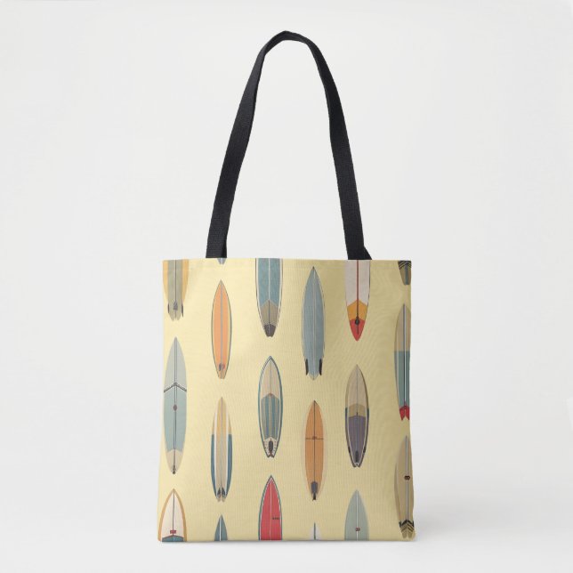Surf Life | Retro Coastal Surfboard Yellow Beach Tote Bag (Front)