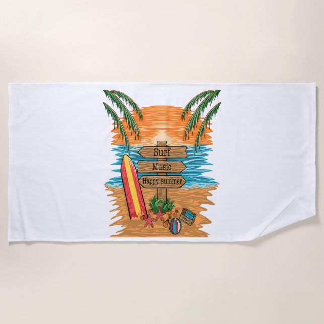 surf music happy summer beach towel (Front)