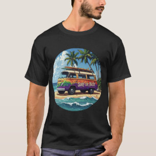 Surf Or Bust Groovy Retro Hippie Surfer Beach Bus T-Shirt