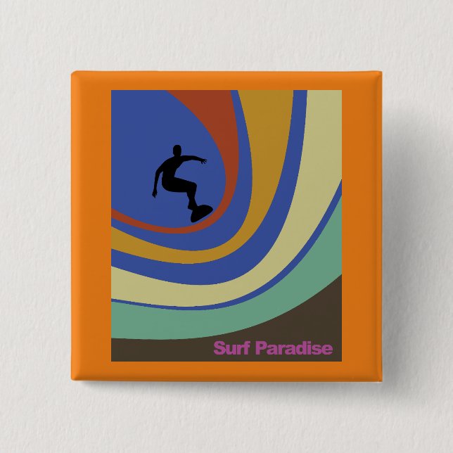 Surf Paradise surfer riding colourful waves 15 Cm Square Badge (Front)