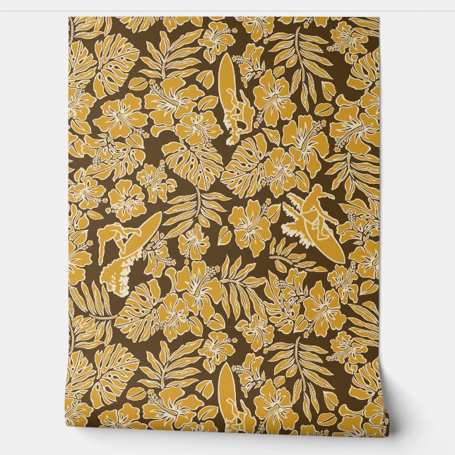 Surf Pareau Hawaiian Hibiscus Surfing Gold Wallpaper (Unrolling)