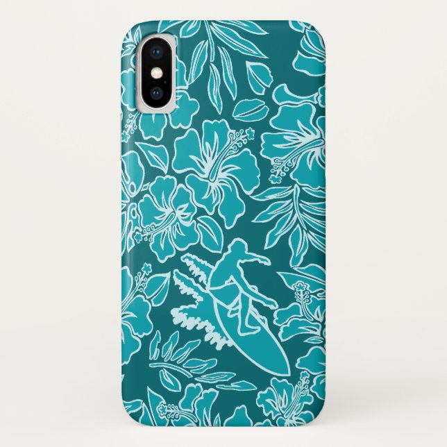 Surf Pareau Hawaiian Hibiscus Surfing Teal Case-Mate iPhone Case (Back)