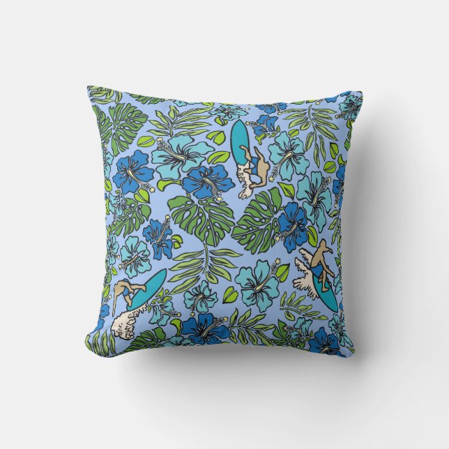 Surf Pareau Hawaiian Hibiscus Surfing - Turquoise Cushion (Front)