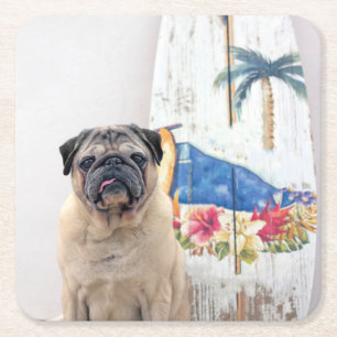 Surf Pug Square Paper Coaster