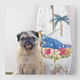 Surf Pug Square Wall Clock