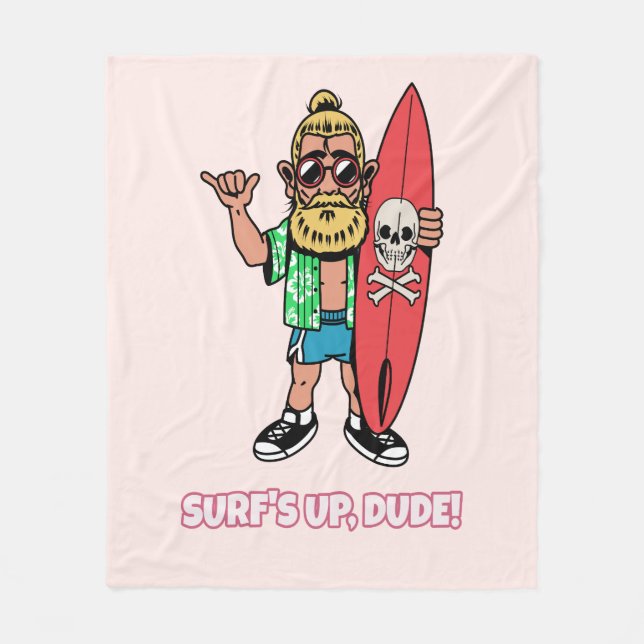 Surf’s Up Dude Bearded Cartoon Surfer Fleece Blanket (Front)