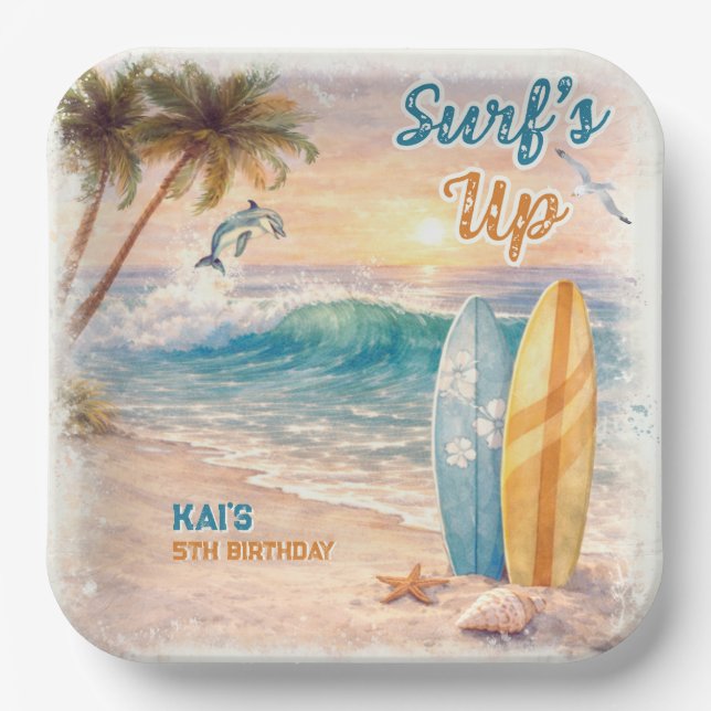 Surf’s Up Retro Beach Birthday Party  Paper Plate (Front)