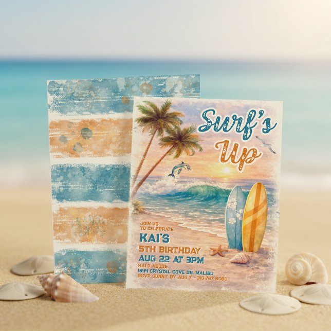 Surf’s Up Retro Watercolor Tropical Beach Birthday Invitation (Creator Uploaded)