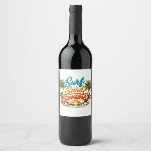 Surf Sand Sunsets Tropical Beach Design Wine Label