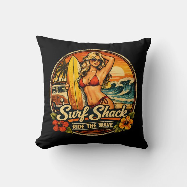 Surf Shack Surfer Pin-Up | Ride The Waves Beach Cushion (Front)