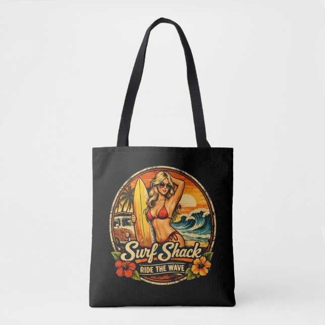 Surf Shack Surfer Pin-Up | Ride The Waves Beach Tote Bag (Front)