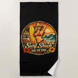 Surf Shack Surfer Pin-Up Ride The Waves Surfing Beach Towel