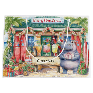 Surf Shop Christmas themed with Hippo and Santa  Large Gift Bag
