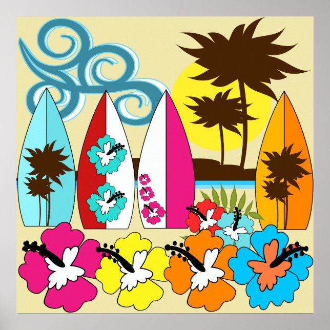 Surf Shop Surfing Ocean Beach Surfboards Palm Tree Poster (Front)