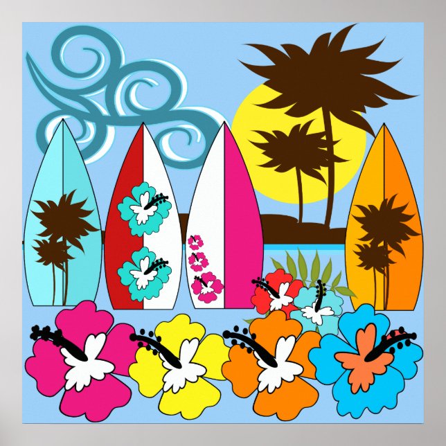 Surf Shop Surfing Ocean Beach Surfboards Palm Tree Poster (Front)