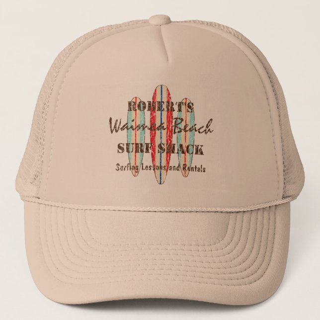 Surf Sign Distressed Monogram Hawaiian Surfboards Trucker Hat (Front)