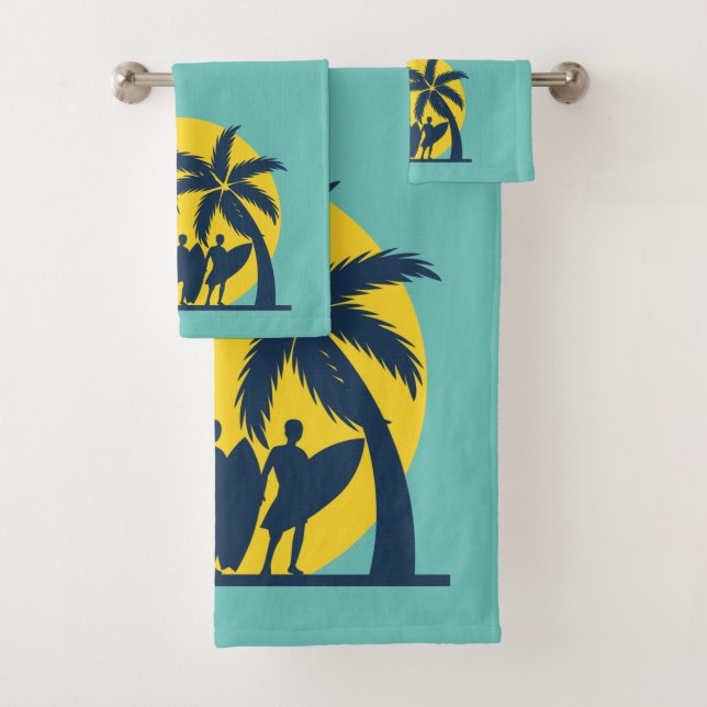 Surf sun and palm trees cool surf bath towel set (Insitu)