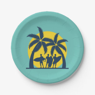 Surf sun and palm trees cool surf paper plate