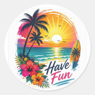 Surf, Sun & Palm Trees – Tropical Summer Vibes Classic Round Sticker