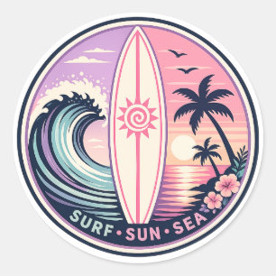 Surf • Sun • Sea Retro Tropical Wave Badge   Vinta Classic Round Sticker