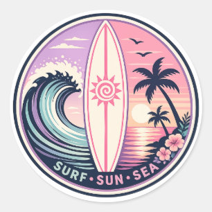 Surf • Sun • Sea Retro Tropical Wave Badge   Vinta Classic Round Sticker