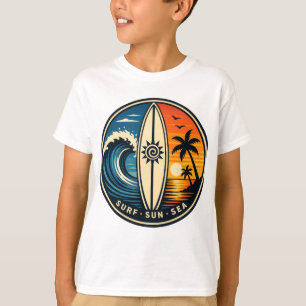 Surf • Sun • Sea Retro Tropical Wave Badge   Vinta T-Shirt