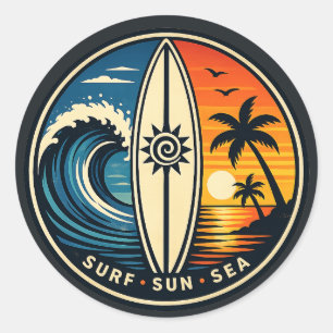 Surf Sun Sea Vintage Badge – Surfboard Sunset Wave Classic Round Sticker