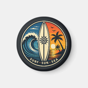 Surf Sun Sea Vintage Badge – Surfboard Sunset Wave Magnet