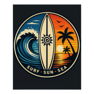Surf Sun Sea Vintage Badge – Surfboard Sunset Wave Poster
