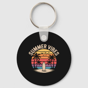 Surf Sunset Summer Vibes Retro Beach Palm Trees Key Ring