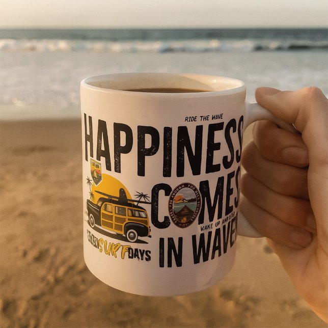 Surf Van Beach Quote Happiness Comes in Waves Coffee Mug (Creator Uploaded)