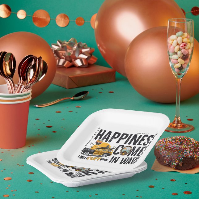 Surf Van Beach Quote Happiness Comes in Waves Paper Plate (Creator Uploaded)