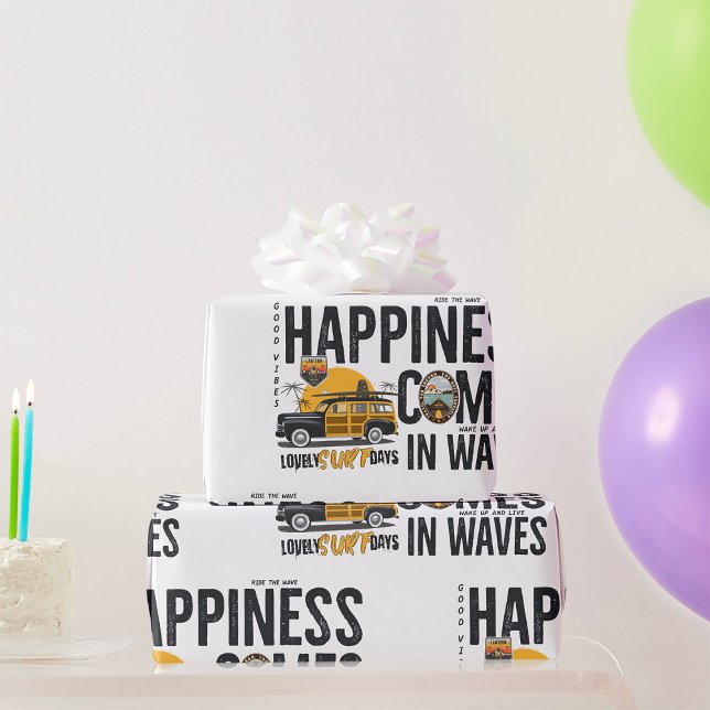 Surf Van Beach Quote Happiness Comes in Waves Wrapping Paper (Creator Uploaded)