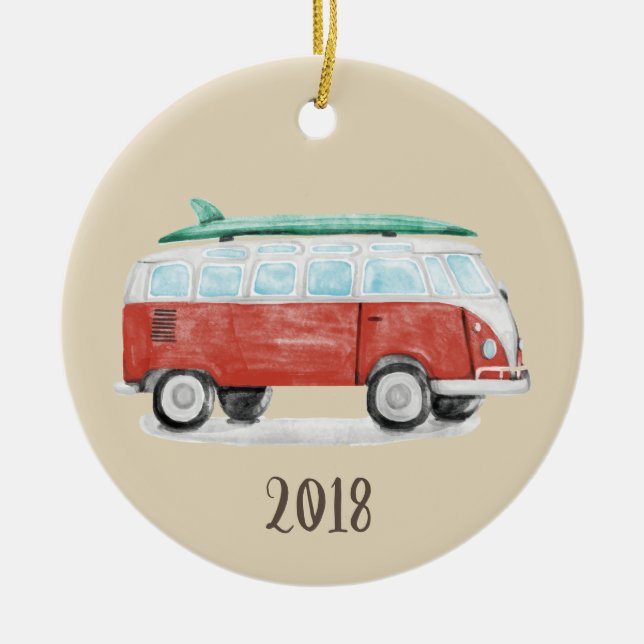 Surf Van Keepsake Year Ceramic Tree Decoration (Front)