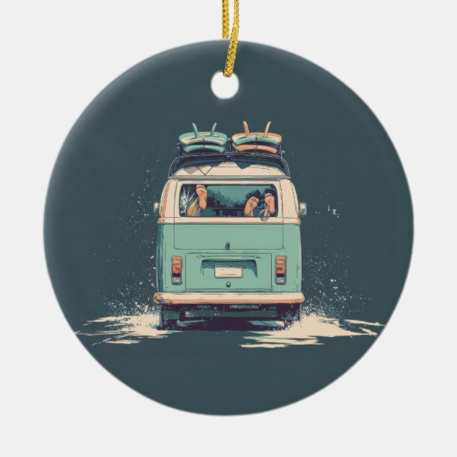 Surf Van Splash – Retro Beach Camper Ceramic Tree Decoration (Front)