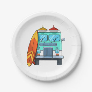 Surf Van Surfboard Palm Trees Surfing Surfer Waves Paper Plate