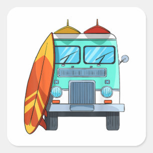 Surf Van Surfboard Palm Trees Surfing Surfer Waves Square Sticker