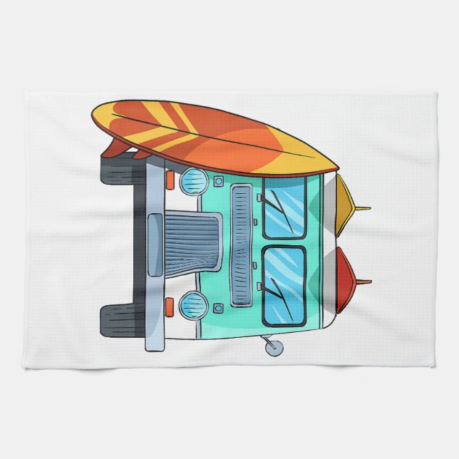 Surf Van Surfboard Palm Trees Surfing Surfer Waves Tea Towel (Horizontal)