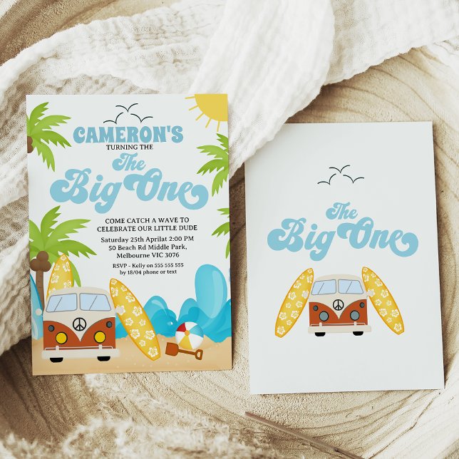 Surf Van Surfboards Wave The Big One 1st Birthday  Invitation (Boy the big one surfing 1st birthday invitation with retro , wave, van and surfboard. Beach party.)