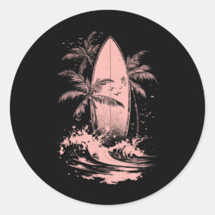Surf Watercolor Surfboard Surfing Beach Palm Trees Classic Round Sticker