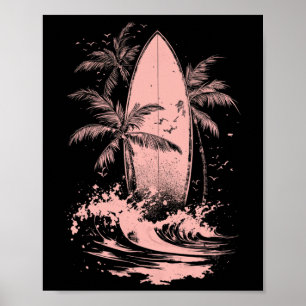 Surf Watercolor Surfboard Surfing Beach Palm Trees Poster