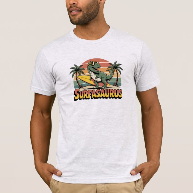 Surfasaurus Retro Surfing Dinosaur T-Shirt (Front)