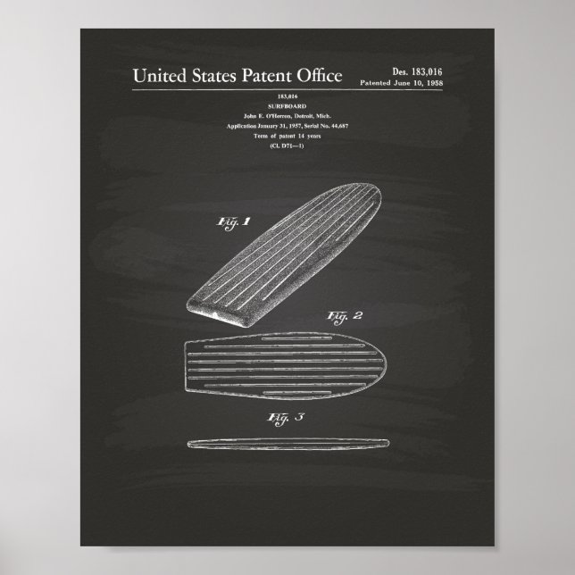 Surfboard 1958 Patent Art Chalkboard Poster (Front)
