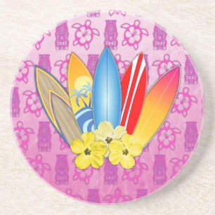 Surfboard and Hibiscus Flowers Coaster