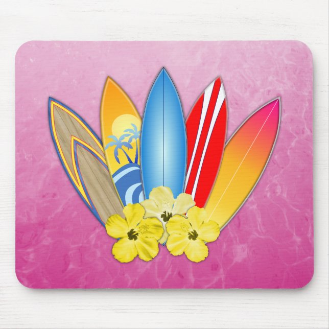 Surfboard and Hibiscus Flowers Mouse Pad (Front)