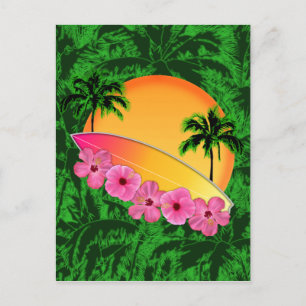 Surfboard and Hibiscus Flowers Postcard