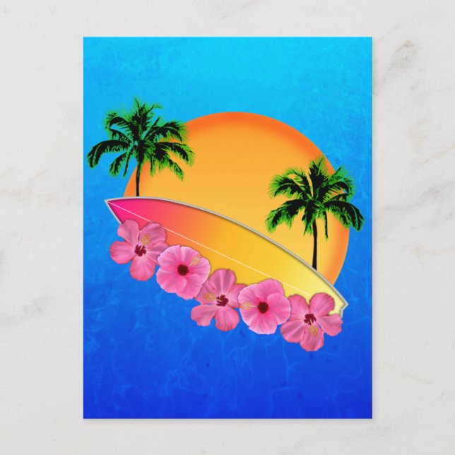Surfboard and Hibiscus Flowers Postcard (Front)